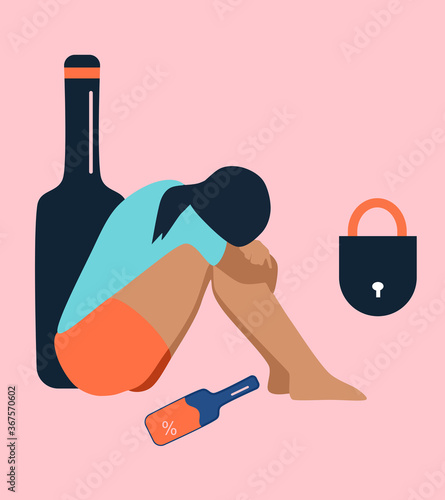 Lonely alcoholic woman sits on the floor.Addiction,problems with drinking.Lock,giant bottle.Сonflict with yourself.Middle age crisis.Person is tired,needs help and support. Desperation vector concept