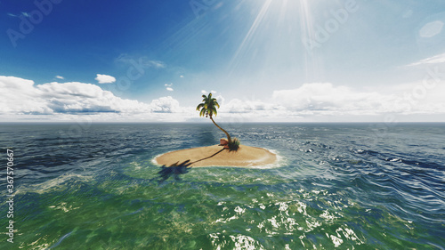 Uninhabited or desert island with palm trees on it in the shallow turquoise water. 3d rendering