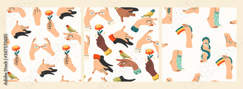 Fototapeta Naklejka Na Ścianę i Meble -  Human body parts. Hand with flower, Shadow puppet barking dog, legs in wool socks, snake. Set of three Hand drawn colored trendy vector seamless patterns. Wallpapers, Background texture