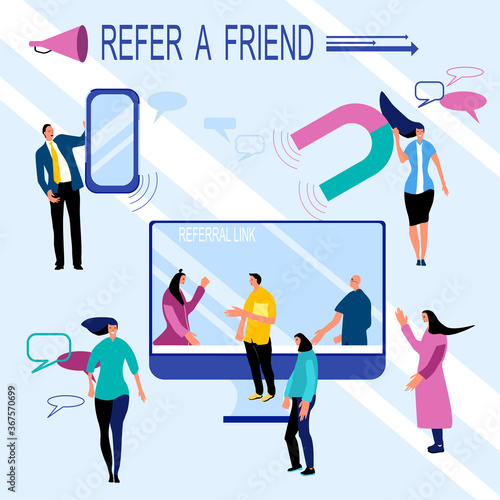 Refer a friend loyalty program, promotion method.Social media marketing strategy. Profiles of people on Internet,new clients.Manager attracts customers with megaphone and huge magnet.Web design vector