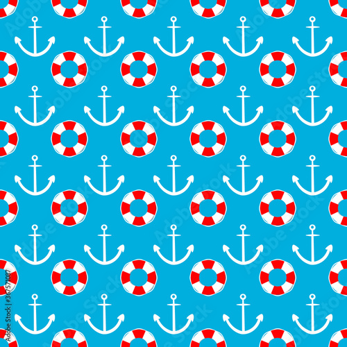 seamless pattern with anchor and life preserver on a blue background