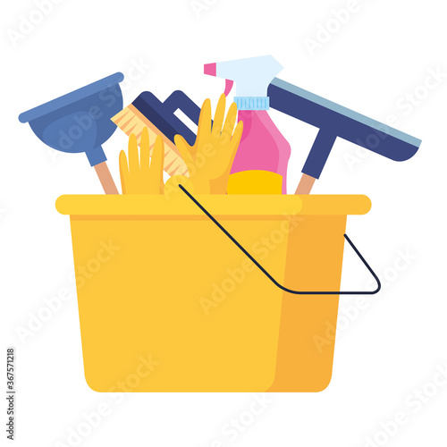 cleaning service, bucket with cleaning tools, on white background vector illustration design