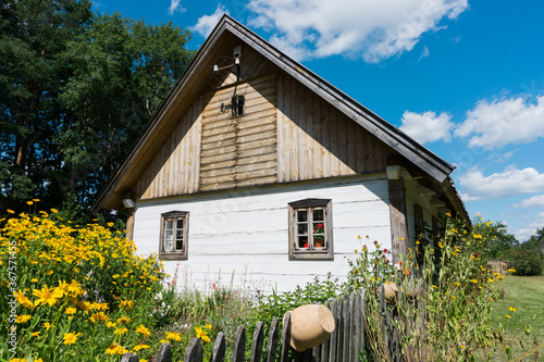 Wooden cottage house countryside landscape. Summer away from the city cozy cabin in forest. Vintage rustic architecture. Village sunny day.