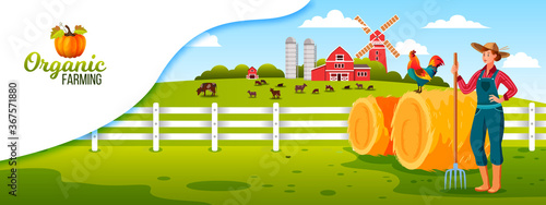 Organic farm livestock illustration with young woman, mill, pitchfork, cockerel, haystacks, green meadow. Woman farmer in hat watching livestock. Rural landscape in flat style with village houses