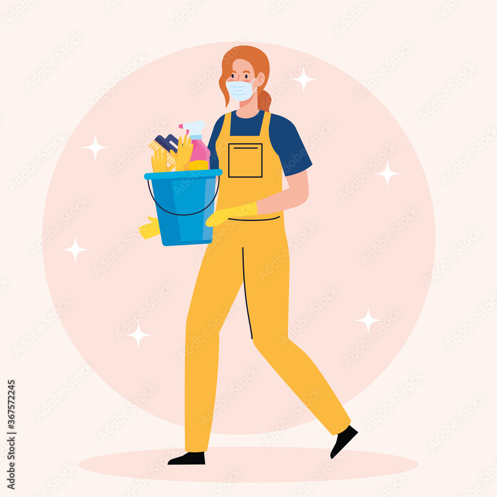 woman worker of cleaning service wearing medical mask and bucket with cleaning tools vector illustration design woman worker of cleaning service wearing medical mask and bucket with cleaning tools vector illustration design