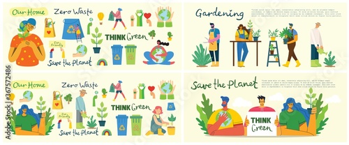 Set of eco save environment pictures. People taking care of planet collage. Zero waste, think green, save the planet, our home hand written text in the flat design