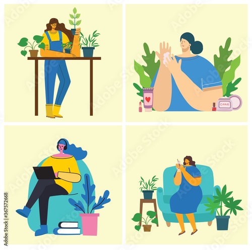 Women activities backgrounds. Women gardening, reading and working concept in the flat style