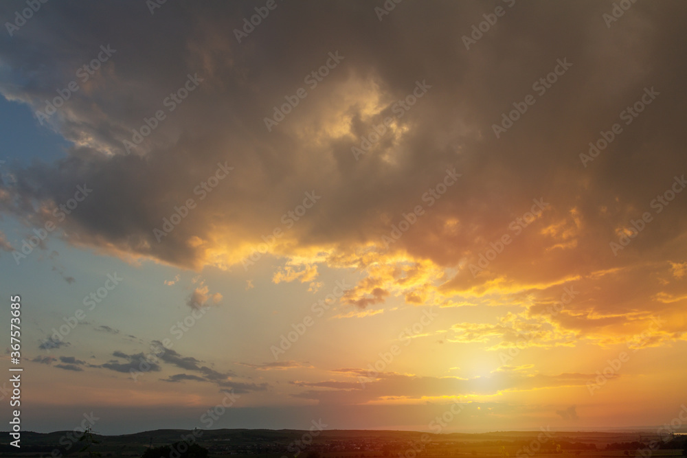 Nice sunset dramatic sky with vineyard land silhouette, Palava Czech republic