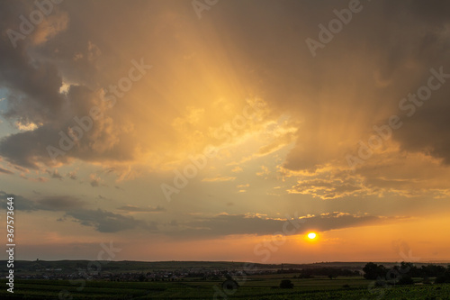 Nice sunset dramatic sky with landscape silhouette, Palava Czech republic