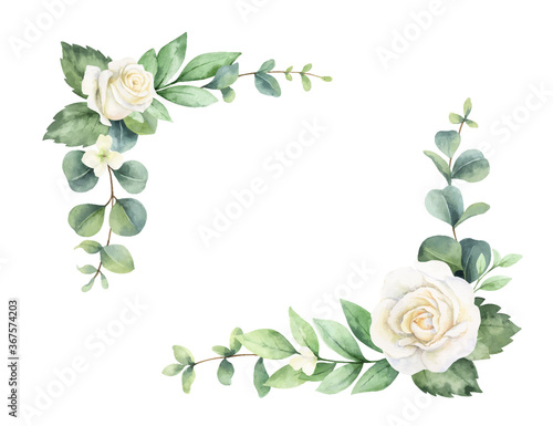 Watercolor vector hand painted wreath with green eucalyptus leaves and white roses.