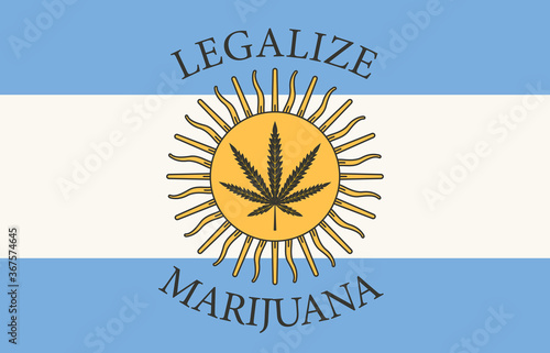 Banner in the form of the Argentine flag with a leaf of hemp. The concept of legalizing marijuana, cannabis in Argentina. Medical legalize cannabis. Drug consumption. Smoking weed