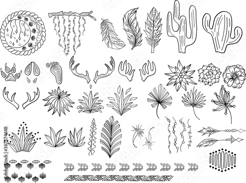 Outline hand drawn bohemian clipart for decoration with feather, arrow, dream catcher. Boho chic of free spirit design with feather, arrow.  Modern vector set of ethnic elements, indian object, symbol