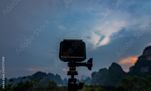 Recording time lapse of Yangshuo landscape at dusk