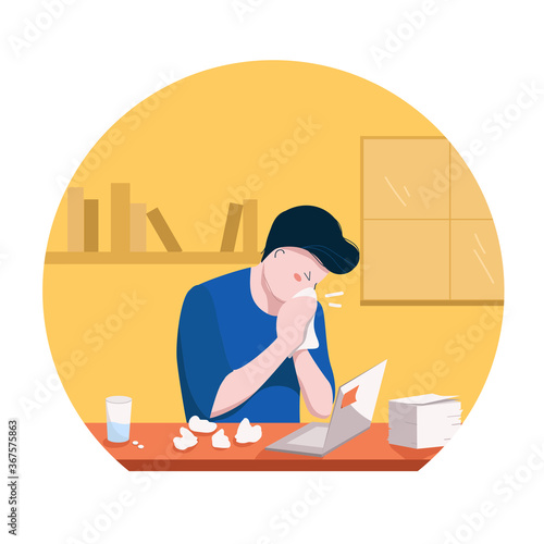 Worker sneezes at the office. Illness at work, running nose, season allergy.  Sick man blows nose with handkerchief. Pills on the table. Isolated vector illustration