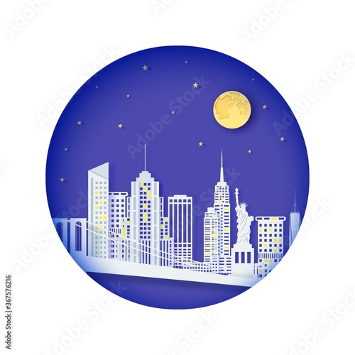 New York night landscape in round frame in paper cut style. Cut out skyscraper, bridge, Statue of Liberty, business center, residential areas from cardboard. Vector 3D illustration of NYC panorama