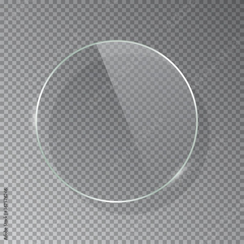 Realistic 3d circle glass frame isolated on grey transparent background. Creative border plate object. Round framework.