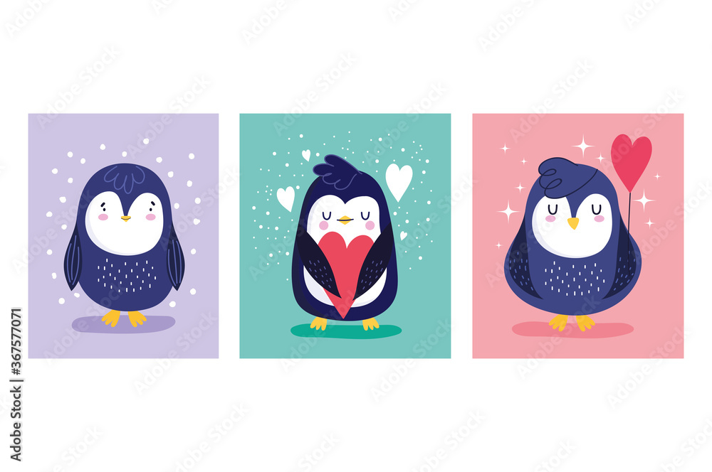 Fototapeta premium penguins cartoon character bird animal hearts decoration banner