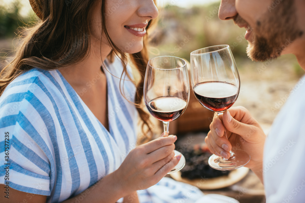 cropped view of cheerful couple clinking glasses with red wine cropped view of cheerful couple clinking glasses with red wine