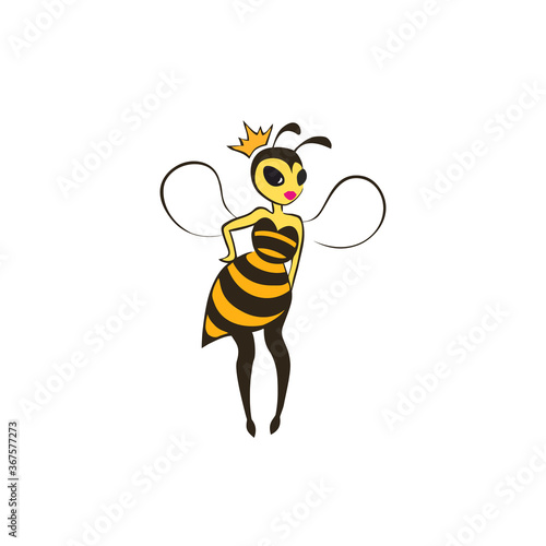 Young bee in a trendy striped dress and crow. A beautiful wasp princess with wings stands resting her hand on her side.Teenager girl with pink lips and big black eyes. Isolated vector black and yellow