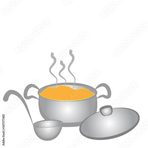 Casserole with boiling soup on a white plate.