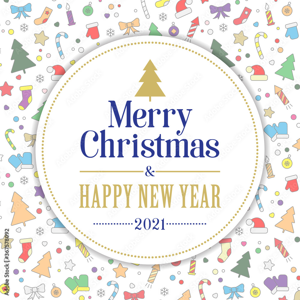 Naklejka premium Merry Christmas and Happy New Year card. colorful icons and decor elements on a white background. Vector, illustration