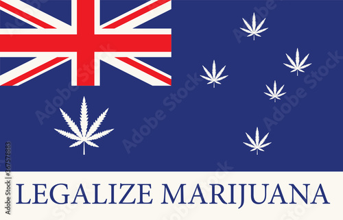 Banner in the form of the Australian flag with hemp leaves. The concept of legalizing marijuana, cannabis in Australia. Medical legalization of cannabis. Drug consumption. Smoking weed