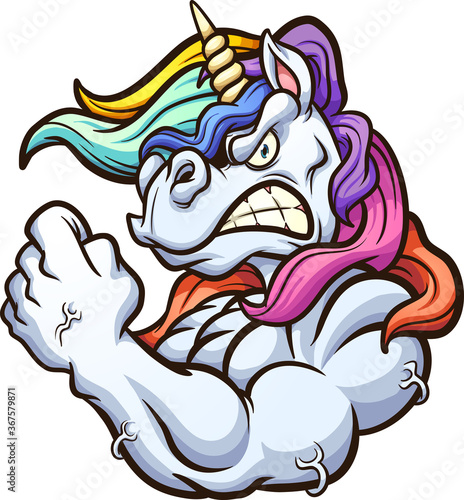 Strong angry unicorn mascot flexing its arm. Vector clip art illustration with simple gradients. All on a single layer. 
 photo