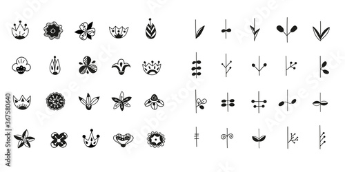 A big set of hand-drawn black floral graphic elements.Scandinavian flowers and botanical elements in doodle style. Vector illustration.