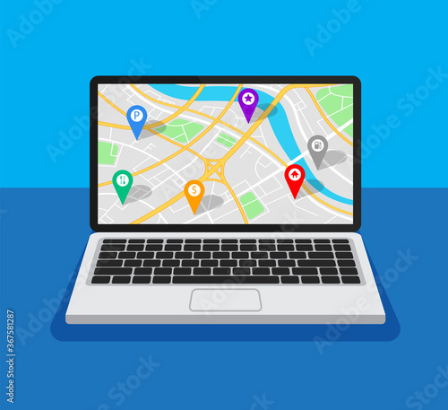 Open laptop with map navigation on a screen. GPS navigator with different pinpoints. Vector illustration.	