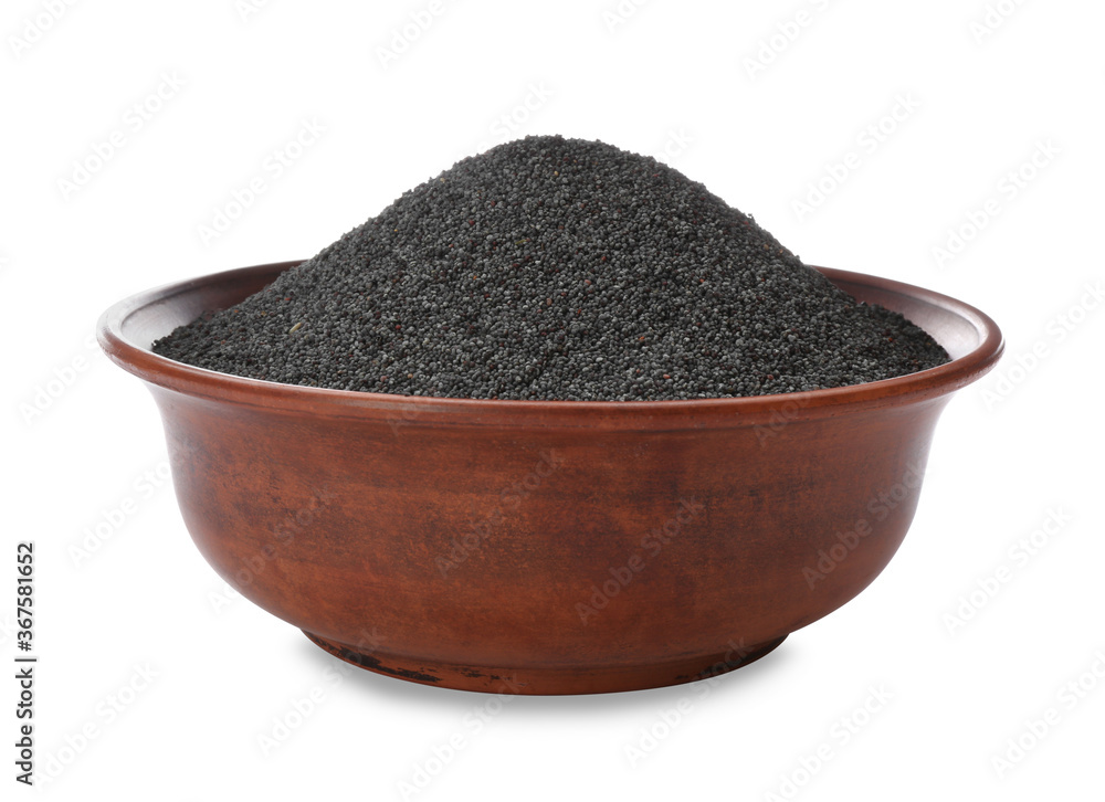 Poppy seeds in ceramic bowl isolated on white Poppy seeds in ceramic bowl isolated on white