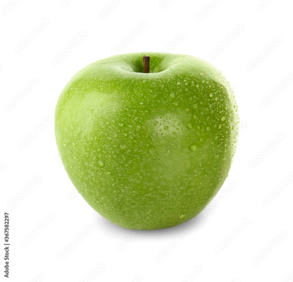 Fresh juicy green apple with water drops isolated on white Fresh juicy green apple with water drops isolated on white