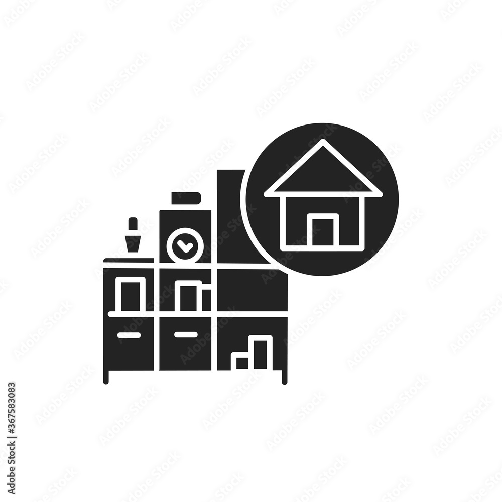 Home decorating black glyph icon. Process of design. Includes painting, furniture and accessories. Handyman services. Pictogram for web page, mobile app, promo. UI UX GUI design element.