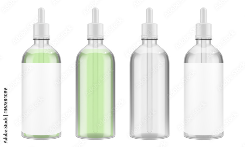 Vector glass bottle with a pipette for serum or other liquid. Transparent packaging for cosmetics. EPS 10 Vector glass bottle with a pipette for serum or other liquid. Transparent packaging for cosmetics. EPS 10