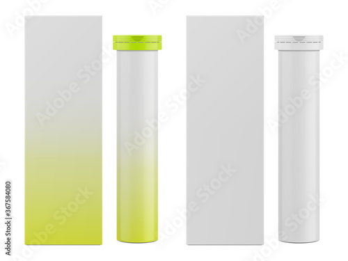 Vector realistic mockup of blank rectangular paper box and packaging for vitamins. Packaging for effervescent tablets, pills. Vector template. EPS 10.