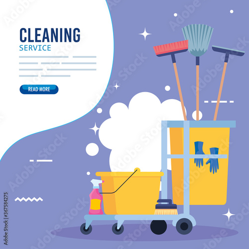 cleaning service banner, cleaning trolley with equipment icons vector illustration design
