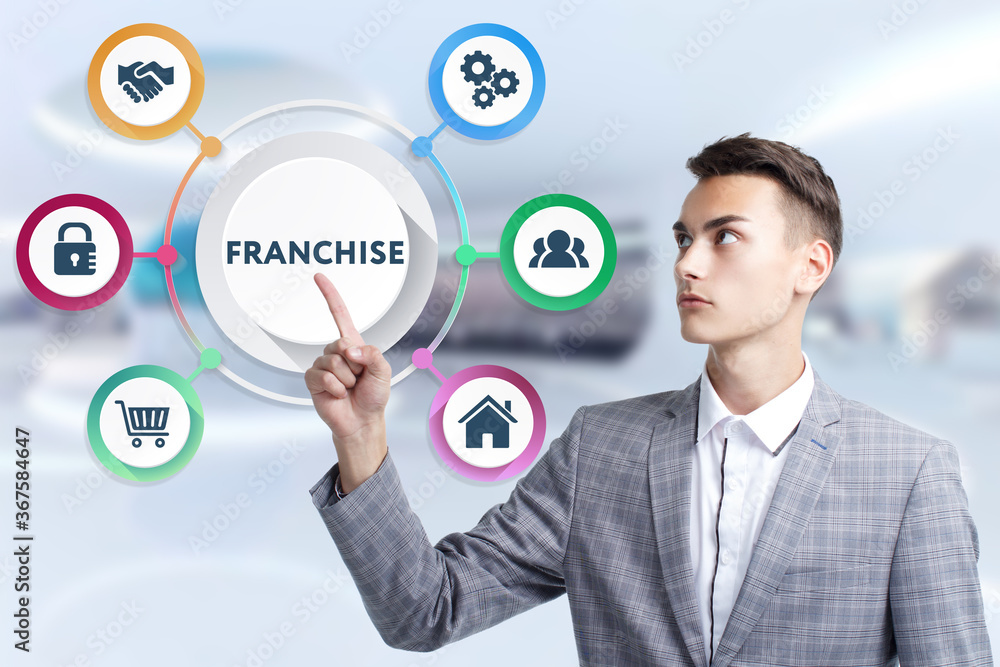 Business, Technology, Internet and network concept. Young businessman working on a virtual screen of the future and sees the inscription: Franchise Business, Technology, Internet and network concept. Young businessman working on a virtual screen of the future and sees the inscription: Franchise
