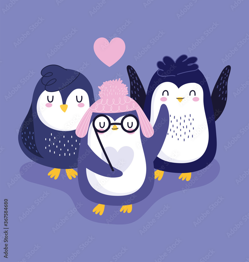 Fototapeta premium cute penguins warm hat glasses hearts love bird animal cartoon wildlife
