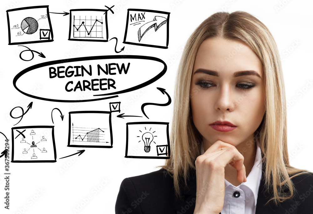 Business, technology, internet and network concept. Young businessman thinks over the steps for successful growth: Begin new career Business, technology, internet and network concept. Young businessman thinks over the steps for successful growth: Begin new career