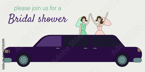 Girls party in limousine Bridal shower flat vector illustration