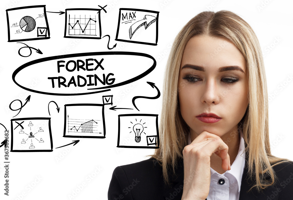 Business, technology, internet and network concept. Young businessman thinks over the steps for successful growth: Forex trading Business, technology, internet and network concept. Young businessman thinks over the steps for successful growth: Forex trading