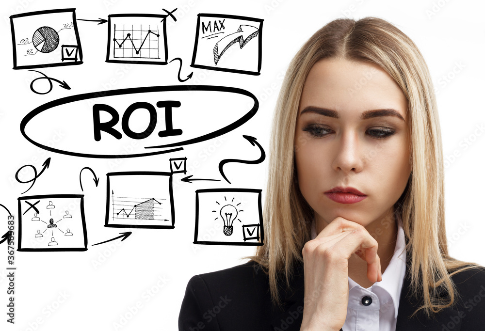 Business, technology, internet and network concept. Young businessman thinks over the steps for successful growth: ROI Business, technology, internet and network concept. Young businessman thinks over the steps for successful growth: ROI