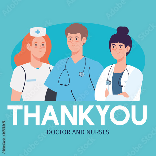 thank you doctor and nurses working in hospitals, staff doctors and nurse fighting the coronavirus covid 19 vector illustration design