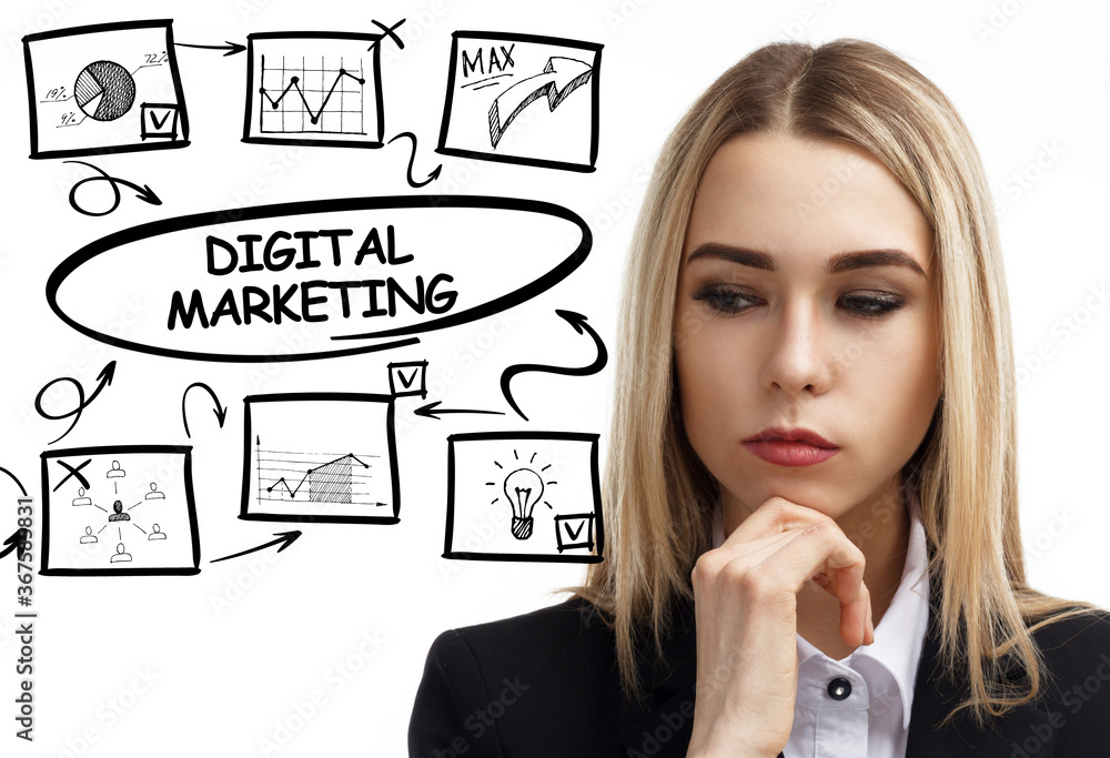 Business, technology, internet and network concept. Young businessman thinks over the steps for successful growth: Digital marketing Business, technology, internet and network concept. Young businessman thinks over the steps for successful growth: Digital marketing