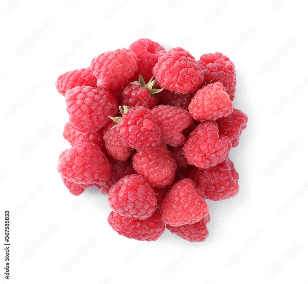 Pile of fresh ripe raspberries isolated on white, top view Pile of fresh ripe raspberries isolated on white, top view