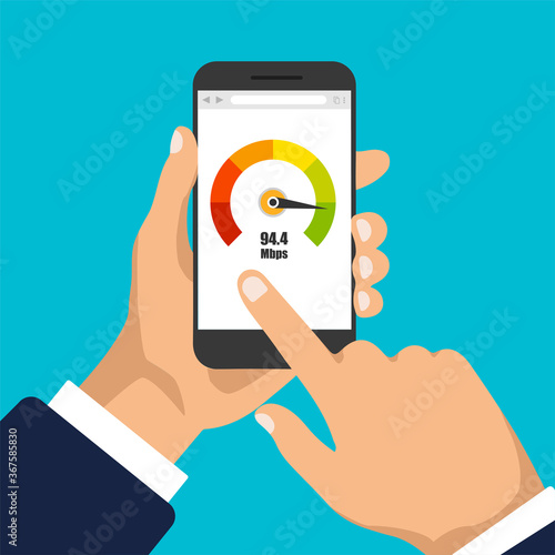Hand holds smartphone with credit score meter. Phone display with speed test on it. Isolated vector illustration.