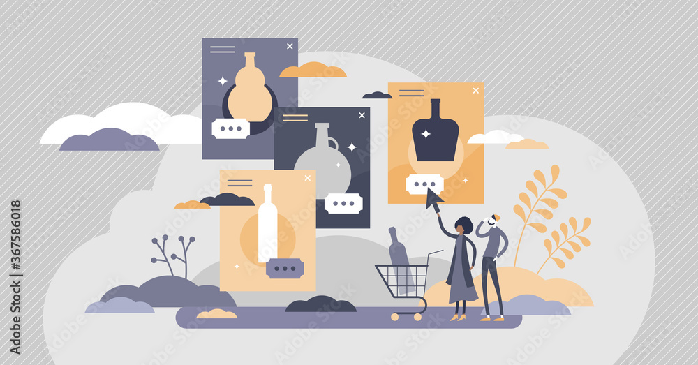 Online alcohol sales with purchase in website process tiny persons concept Online alcohol sales with purchase in website process tiny persons concept