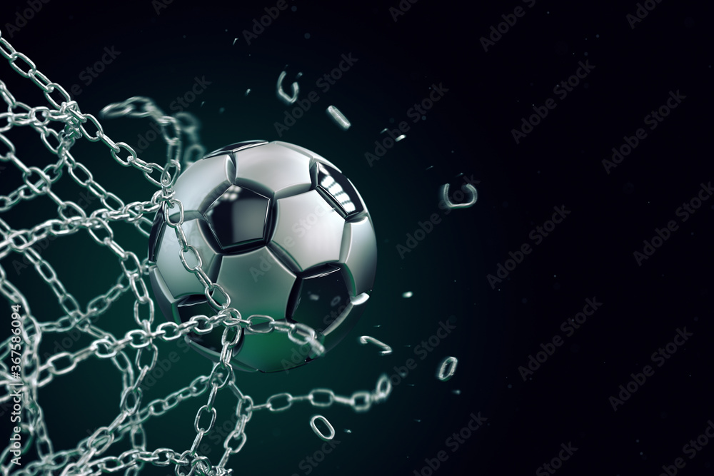 Naklejka premium Soccer ball made of metal breaking metal net. Concept of football goal, with ball breaking the metal chain net, 3d illustration