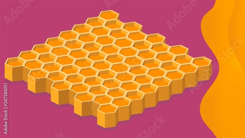 Isometric background with honeycomb and honey spash