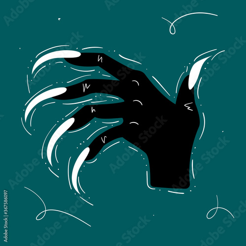 Happy Halloween hand drawn illustration with scary witch or monster hand with long claws. Stock vector illustration for banner, poster, greeting card, party invitation. Dark background.