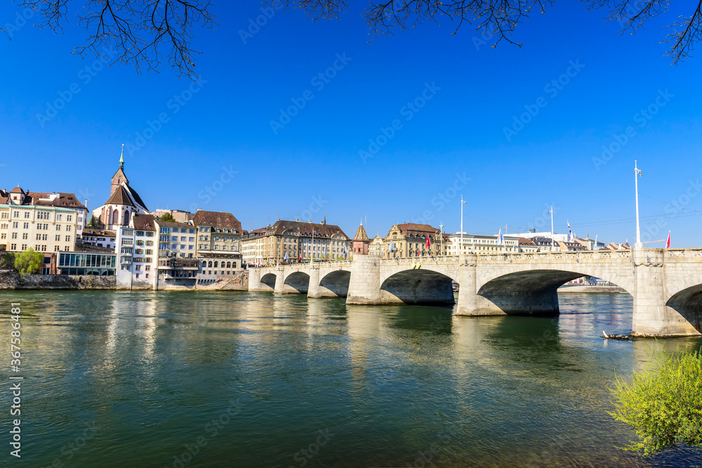 View of The Middle Bridge. The Middle Bridge is a historic bridge in the Swiss city of Basel on river of the Rhine. Switzerland